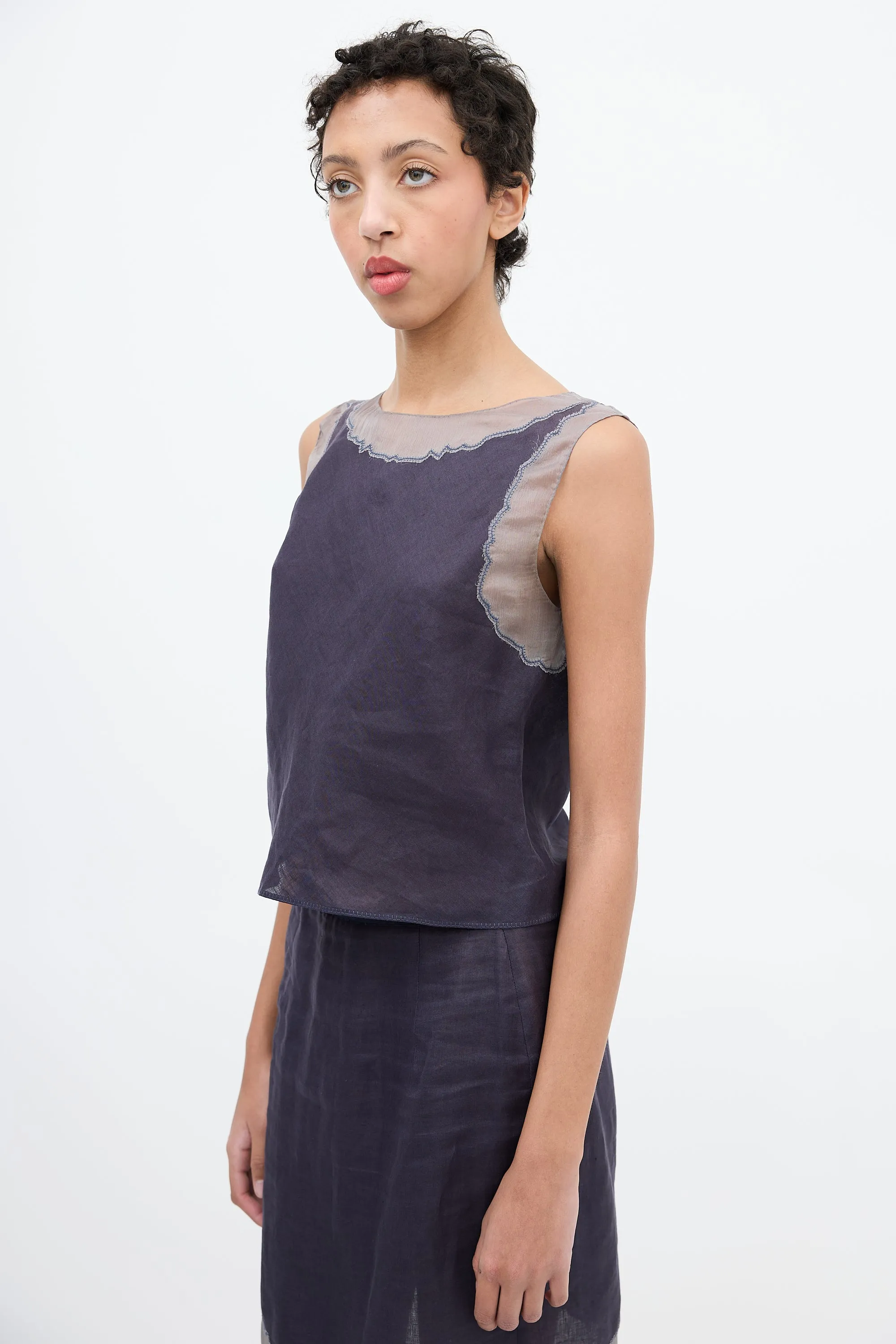 1998 Navy & Grey Linen & Silk Sleeveless Top