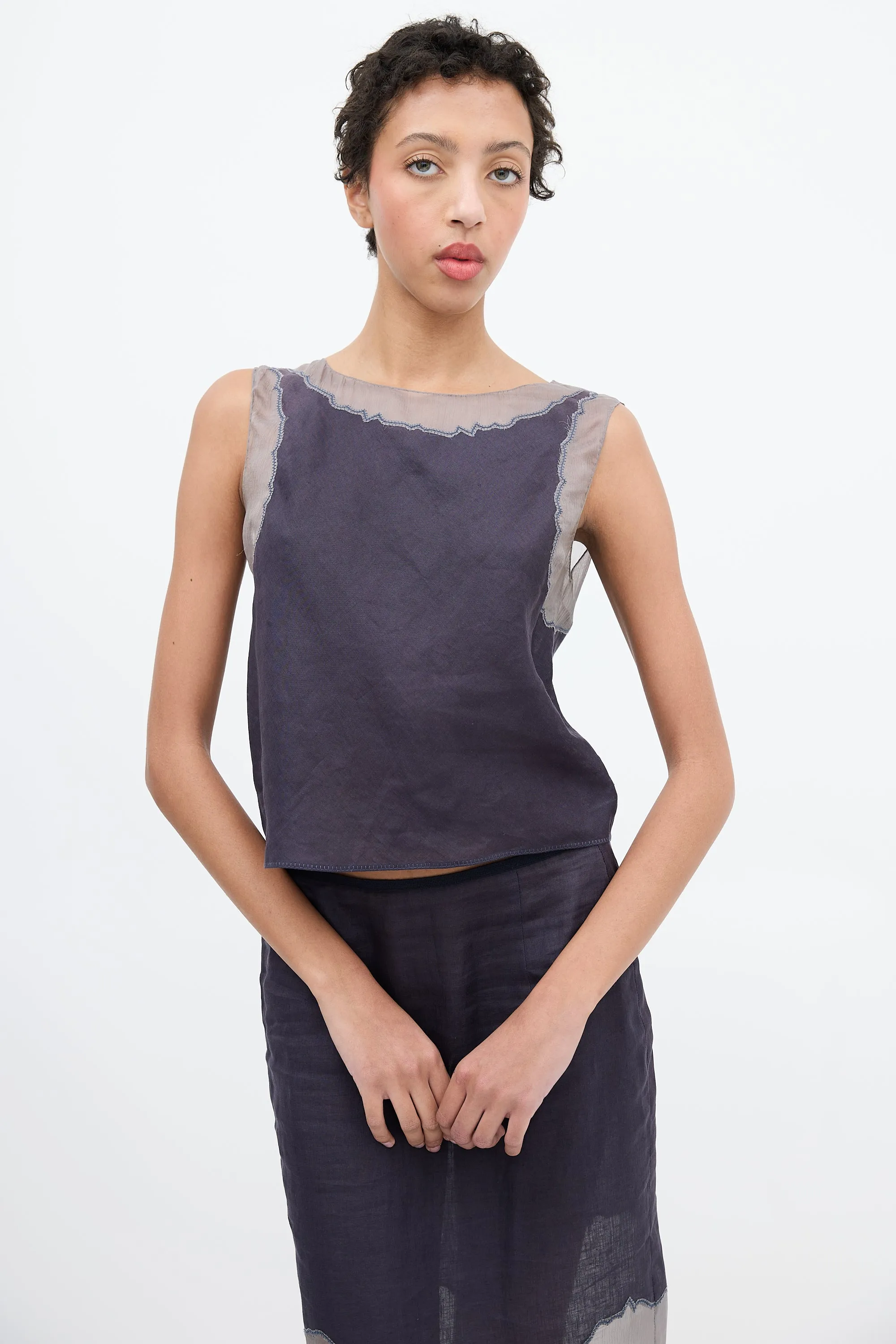 1998 Navy & Grey Linen & Silk Sleeveless Top
