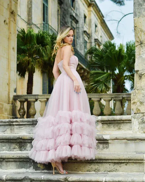 A-line Graduation Dresses Corset Strapless Tulle Prom Dress with Ruffles