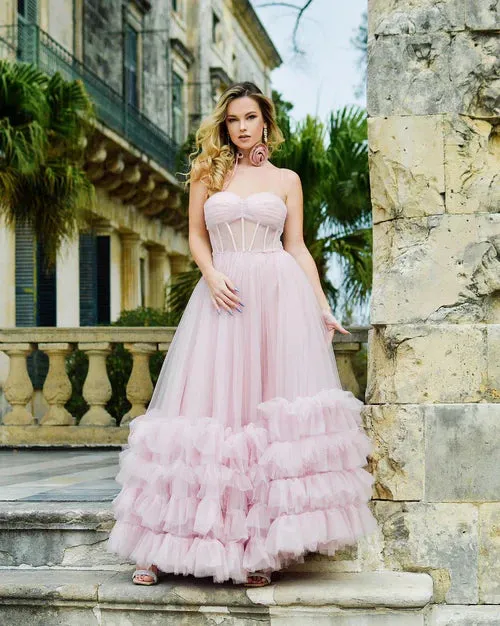 A-line Graduation Dresses Corset Strapless Tulle Prom Dress with Ruffles