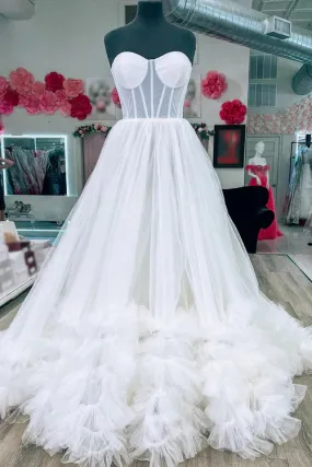 A-line Graduation Dresses Corset Strapless Tulle Prom Dress with Ruffles