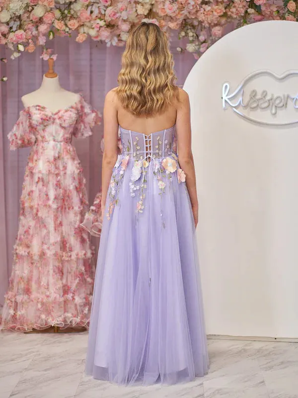 A-Line Prom Dresses Strapless Tulle Homecoming Dress With 3D Flowers