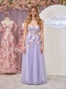 A-Line Prom Dresses Strapless Tulle Homecoming Dress With 3D Flowers