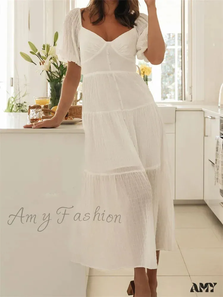 Amy Fashion - Elegant Women  A-Line Short Puff Sleeve V Neck Back Tie-up Knotted  Summer Party Female Vestidos