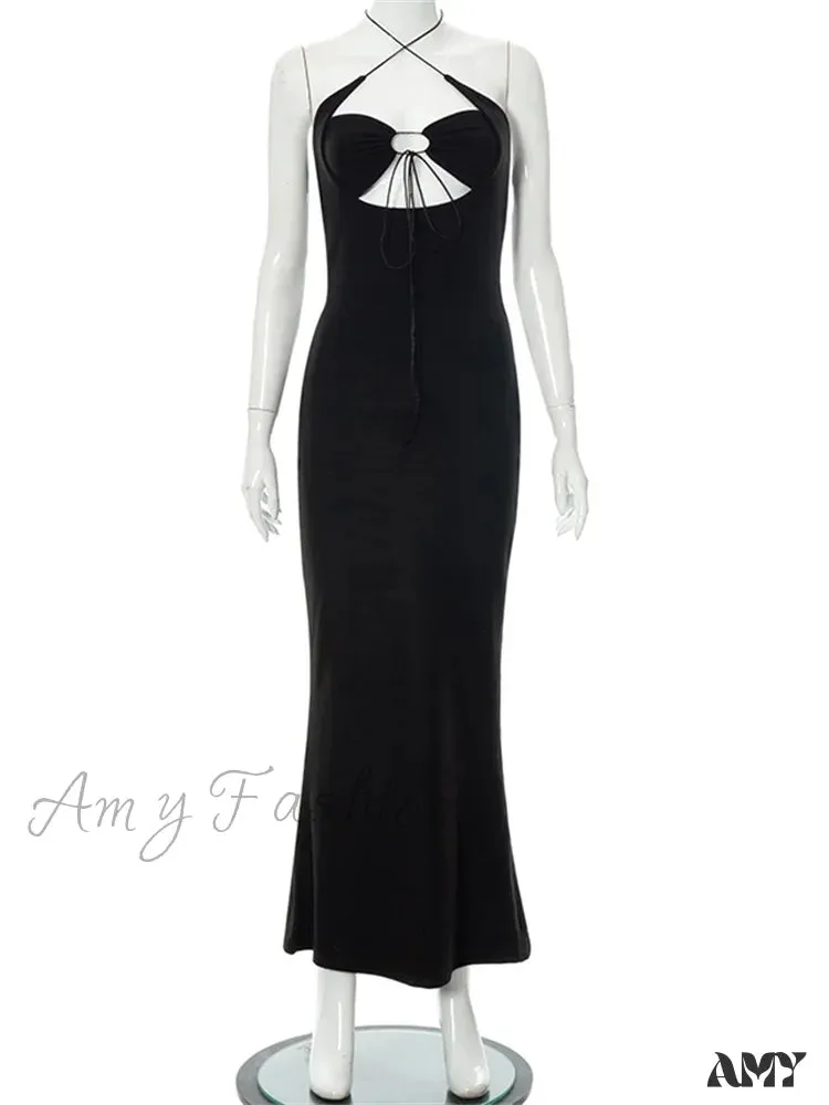 Amy Fashion - Halter Sexy Backless Hollow Out Tie Up   Women Sleeveless Summer Club Party Outfits Vestidos