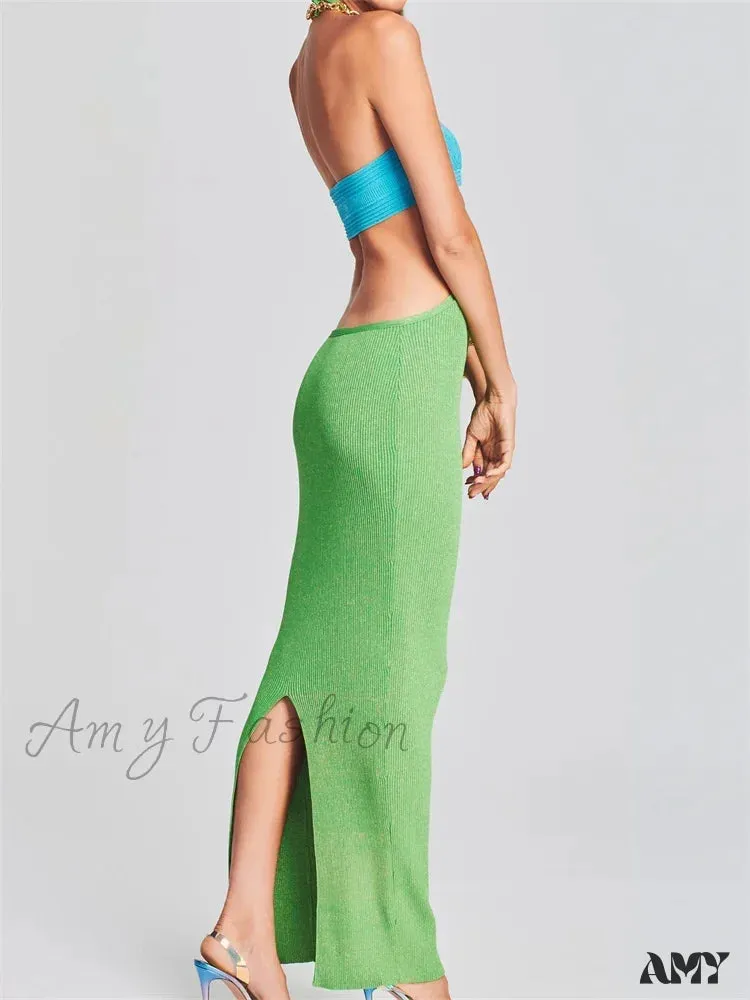 Amy Fashion - Knitted Patchwork  for Women  Halter Lace-up Backless Off Shoulder Hollow Out Summer Vestidos New