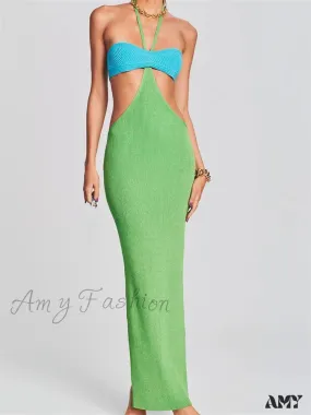 Amy Fashion - Knitted Patchwork  for Women  Halter Lace-up Backless Off Shoulder Hollow Out Summer Vestidos New