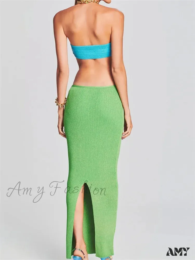 Amy Fashion - Knitted Patchwork  for Women  Halter Lace-up Backless Off Shoulder Hollow Out Summer Vestidos New