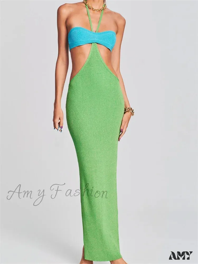 Amy Fashion - Knitted Patchwork  for Women  Halter Lace-up Backless Off Shoulder Hollow Out Summer Vestidos New