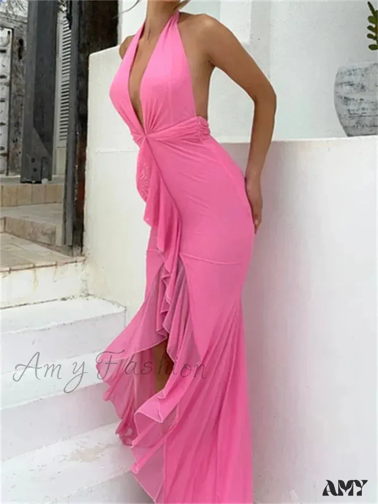 Amy Fashion - Sexy Women Y2K Ruffles  Deep V-neck Halter Backless Split Beach Party Club Outfits Vestido