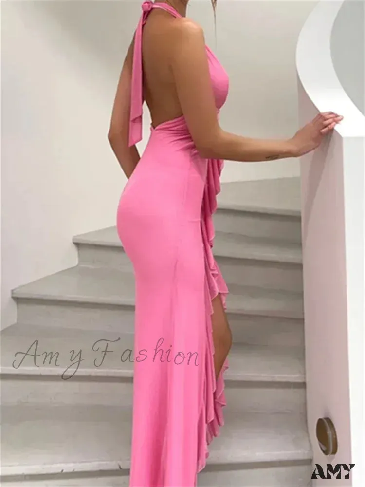 Amy Fashion - Sexy Women Y2K Ruffles  Deep V-neck Halter Backless Split Beach Party Club Outfits Vestido