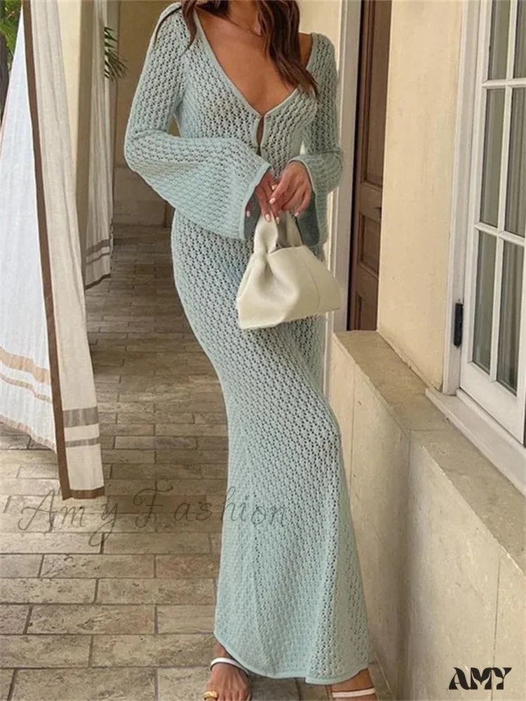 Amy Fashion - Women Knitted  Solid Hollow Out Deep V-Neck  Sleeve Bodycon Spring Autumn Backless Vestidos