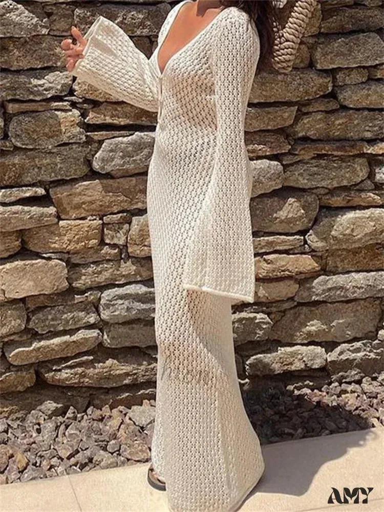 Amy Fashion - Women Knitted  Solid Hollow Out Deep V-Neck  Sleeve Bodycon Spring Autumn Backless Vestidos