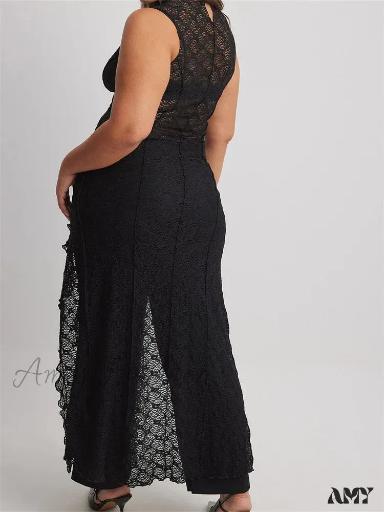 Amy Fashion - Women Lace See Through  Vintage Sleeveless Round Neck Solid Ruffles  High Split Female Vestidos