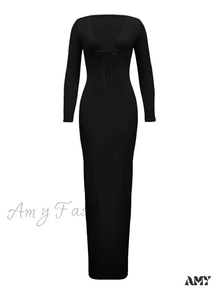 Amy Fashion - Women Ribbed Bodycon  Solid Color Low-Cut V-neck Tie-Up  Sleeve Spring Autumn Party Vestidos