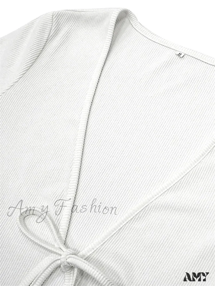 Amy Fashion - Women Ribbed Bodycon  Solid Color Low-Cut V-neck Tie-Up  Sleeve Spring Autumn Party Vestidos