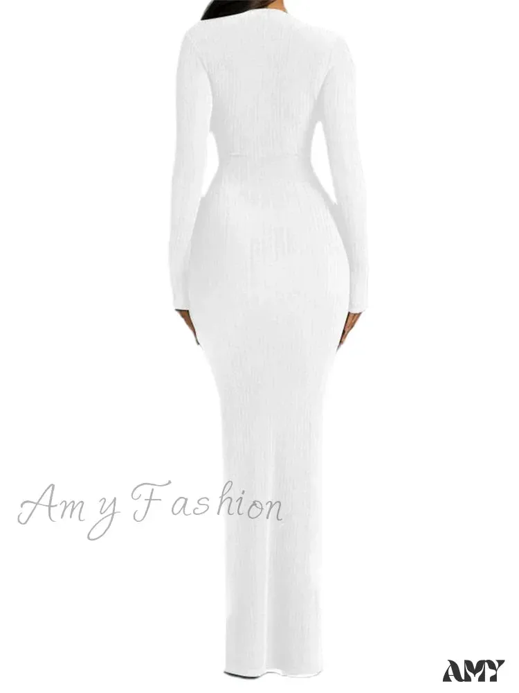 Amy Fashion - Women Ribbed Bodycon  Solid Color Low-Cut V-neck Tie-Up  Sleeve Spring Autumn Party Vestidos
