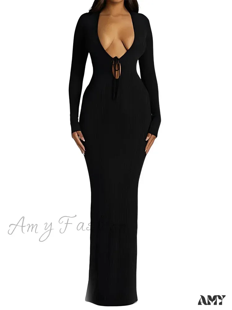 Amy Fashion - Women Ribbed Bodycon  Solid Color Low-Cut V-neck Tie-Up  Sleeve Spring Autumn Party Vestidos