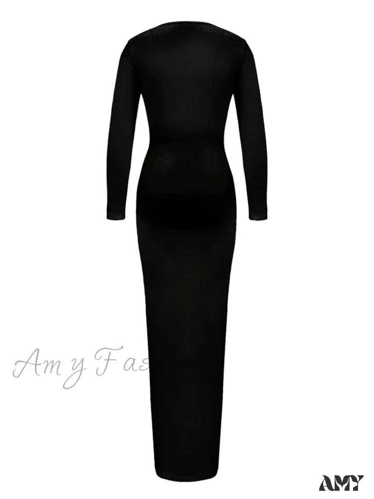 Amy Fashion - Women Ribbed Bodycon  Solid Color Low-Cut V-neck Tie-Up  Sleeve Spring Autumn Party Vestidos