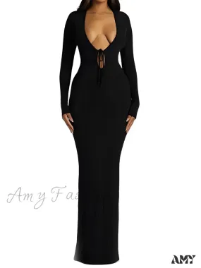 Amy Fashion - Women Ribbed Bodycon  Solid Color Low-Cut V-neck Tie-Up  Sleeve Spring Autumn Party Vestidos