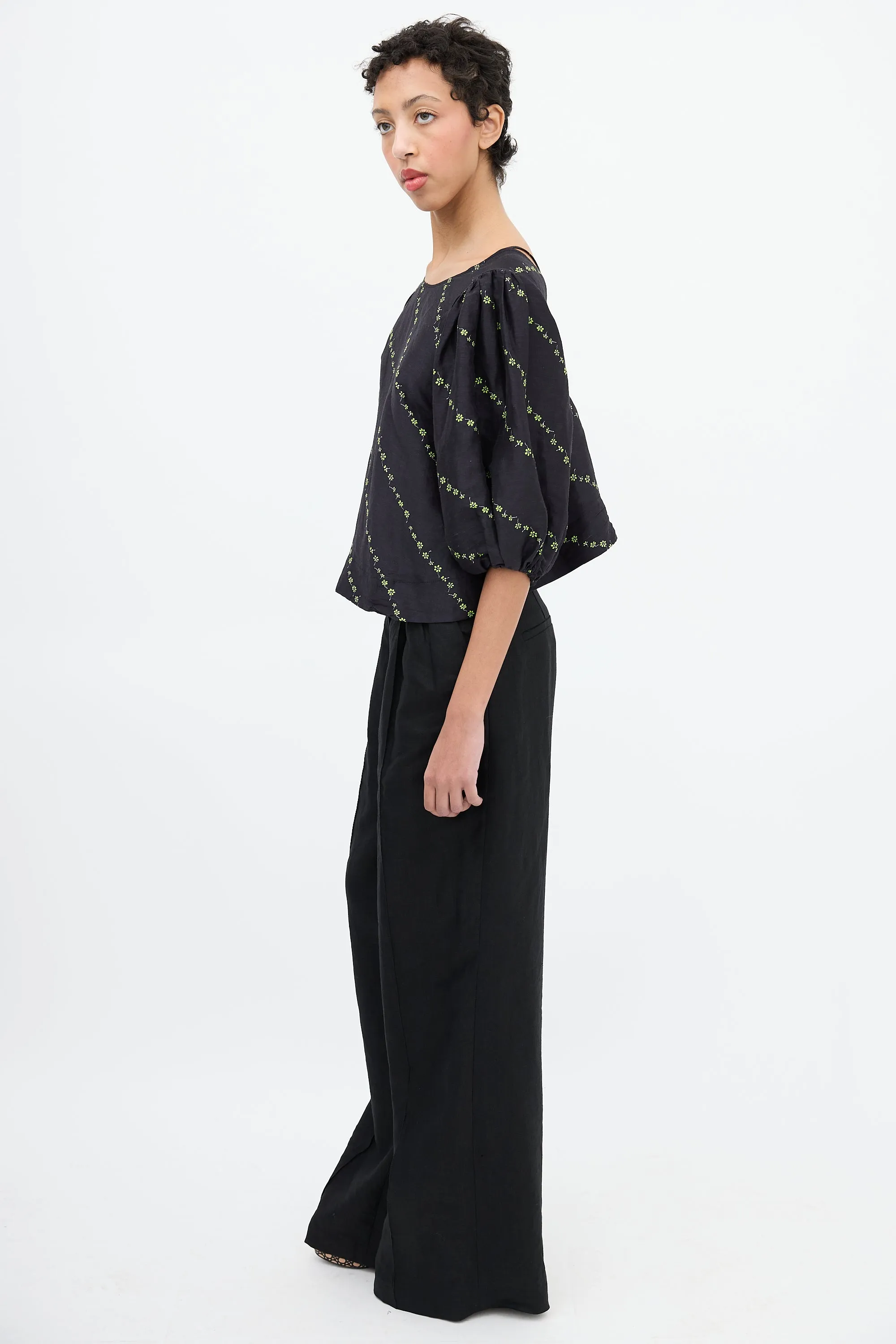 Black & Green Silk & Linen Floral Blouse