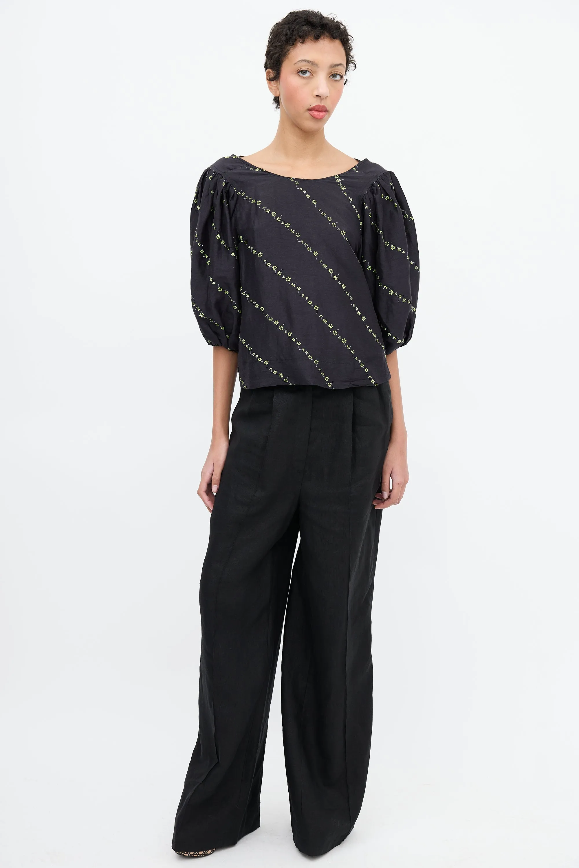 Black & Green Silk & Linen Floral Blouse