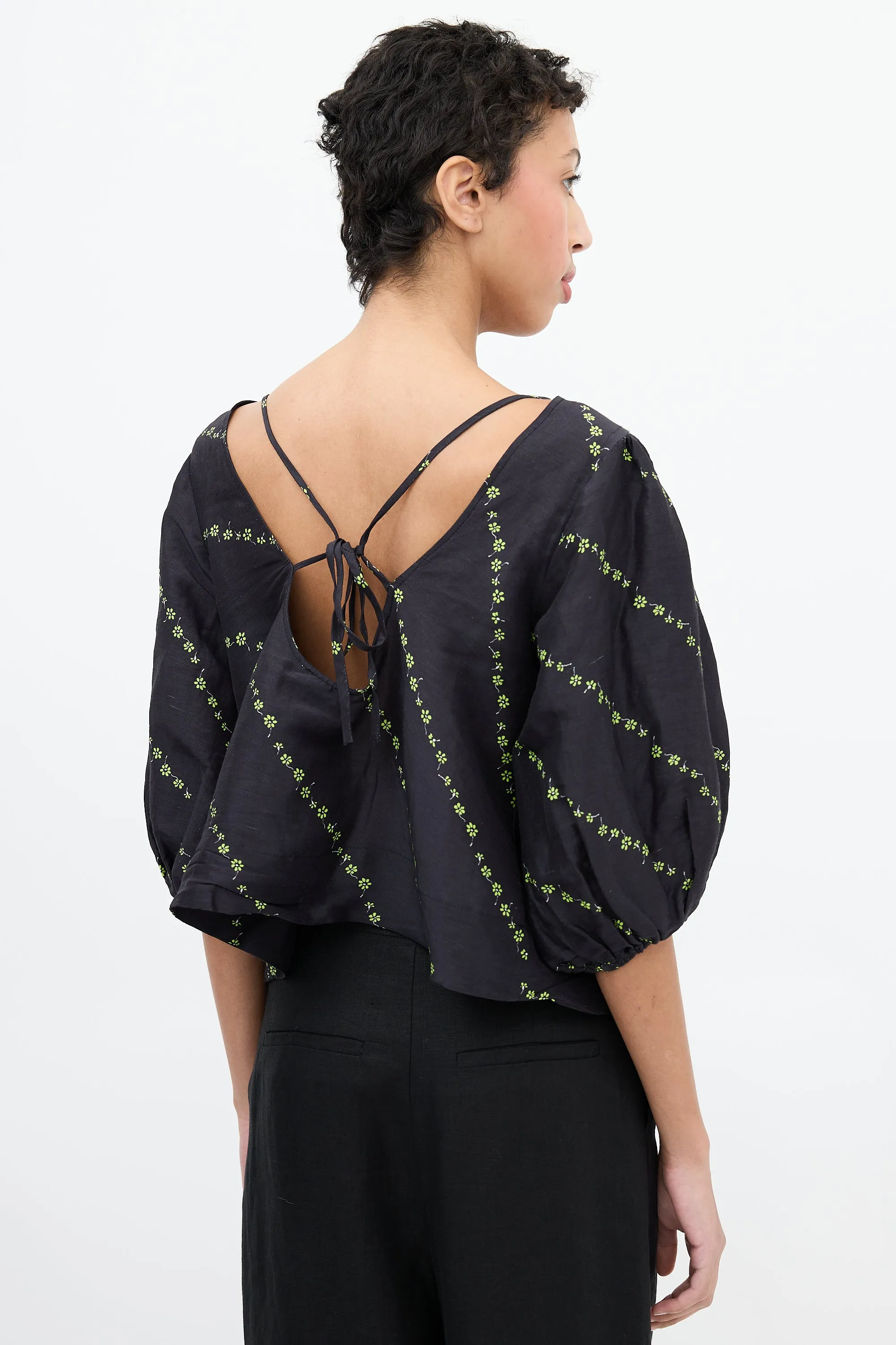 Black & Green Silk & Linen Floral Blouse