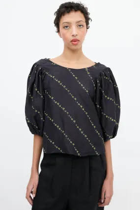 Black & Green Silk & Linen Floral Blouse