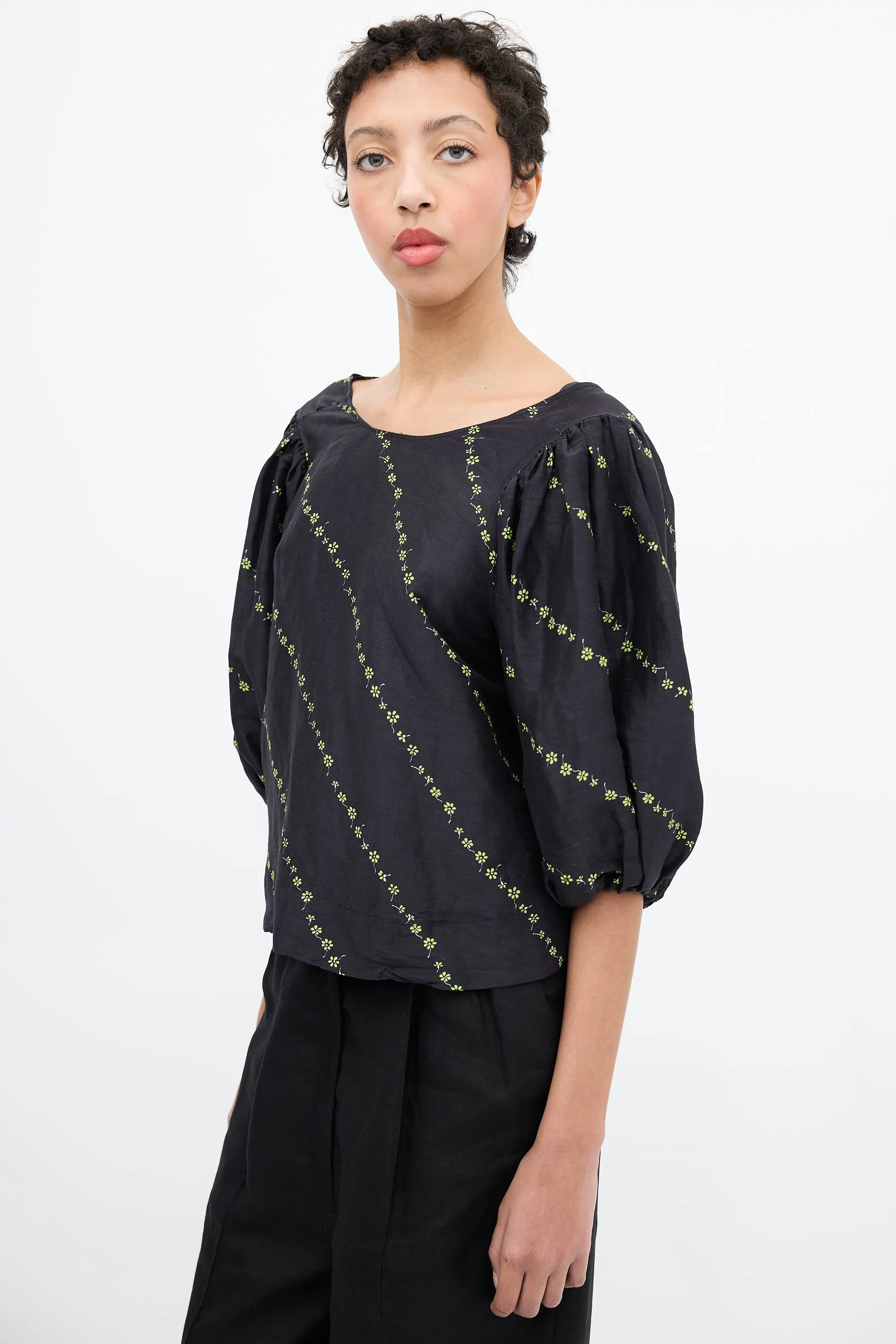 Black & Green Silk & Linen Floral Blouse