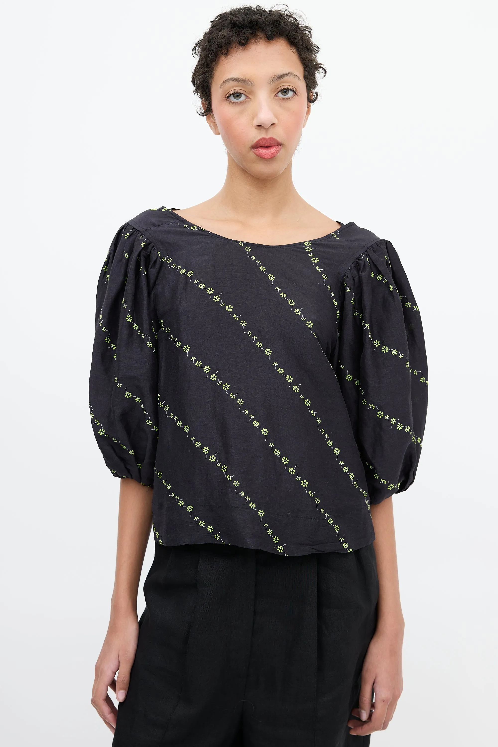 Black & Green Silk & Linen Floral Blouse