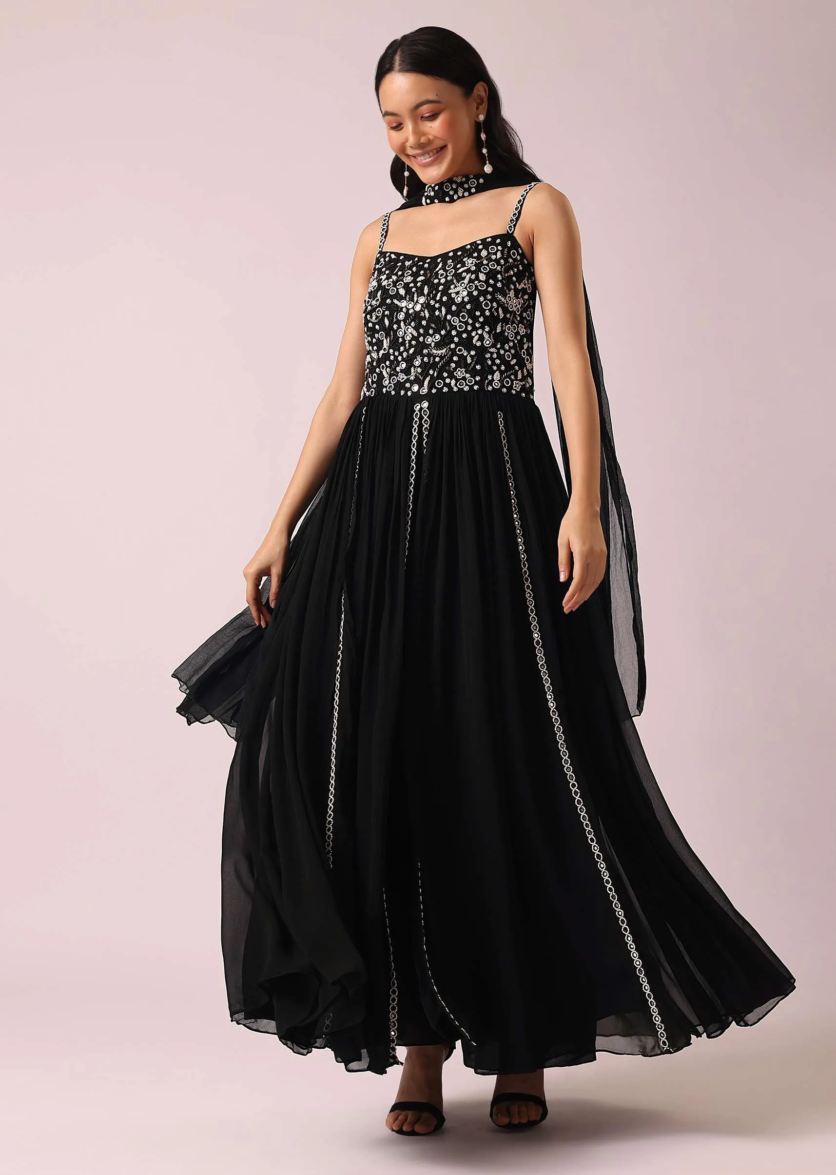 Black Anarkali Set With Mirror Embellishments