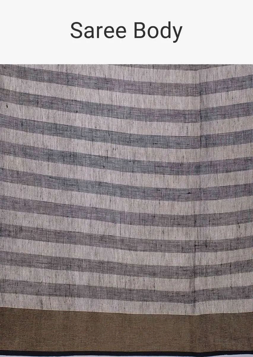 Black and white striped linen saree only on kalki