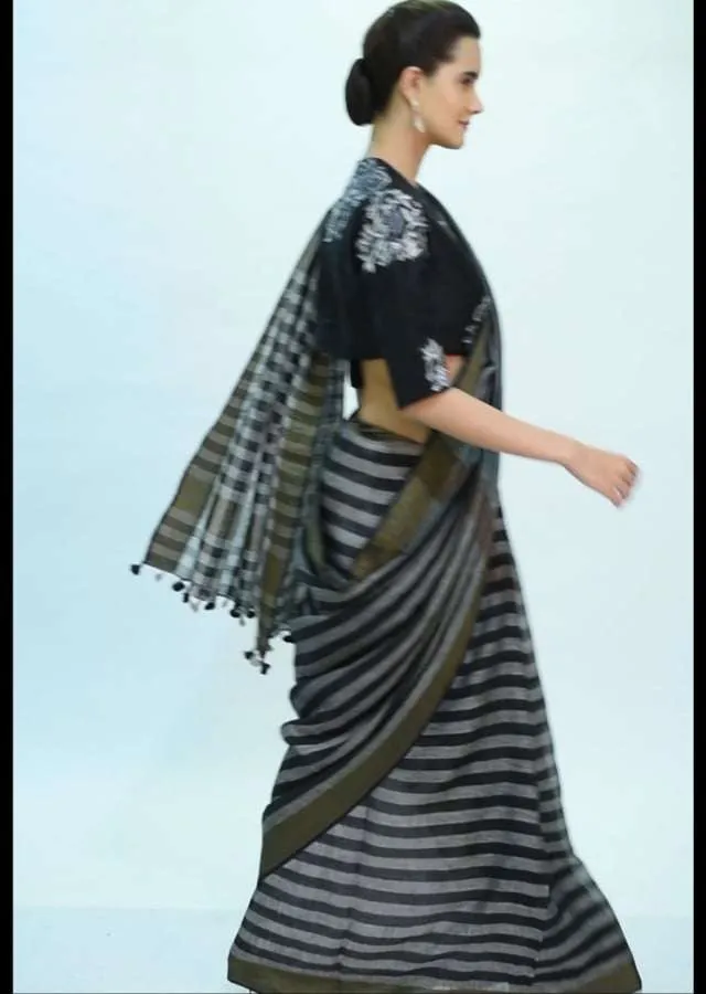 Black and white striped linen saree only on kalki