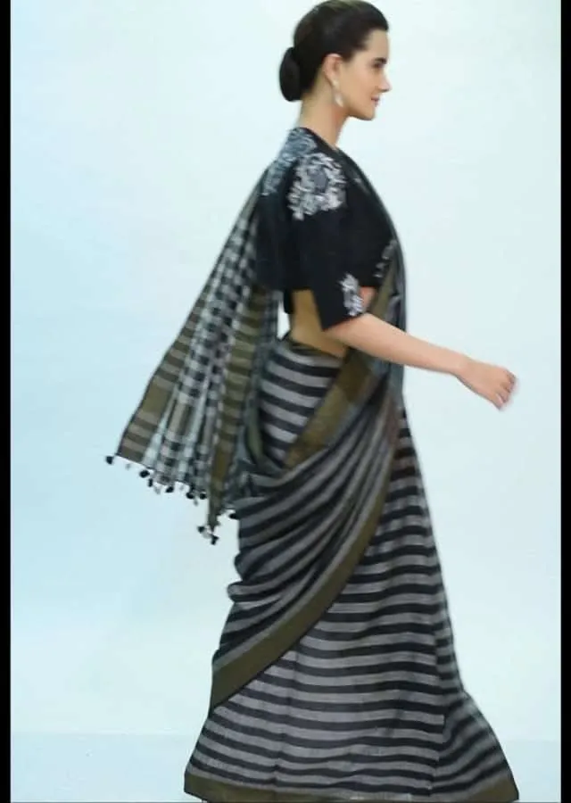 Black and white striped linen saree only on kalki
