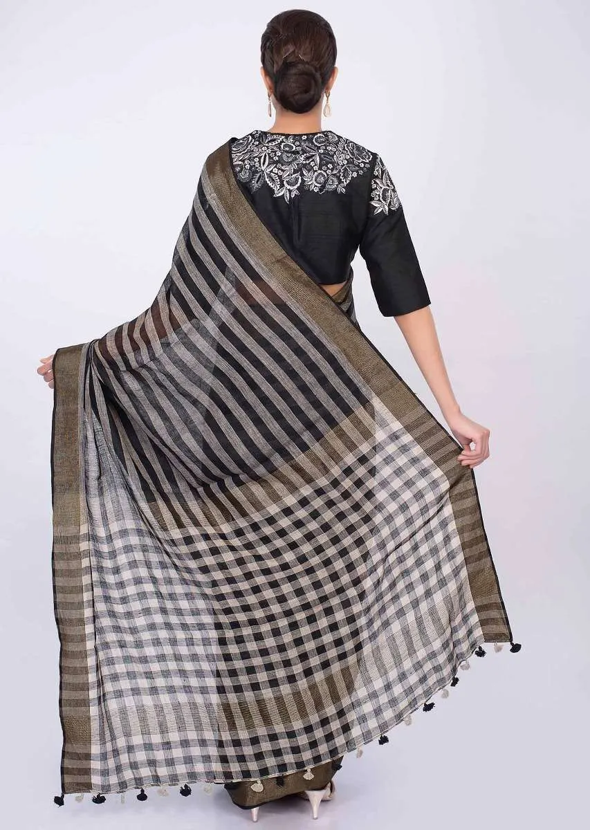 Black and white striped linen saree only on kalki