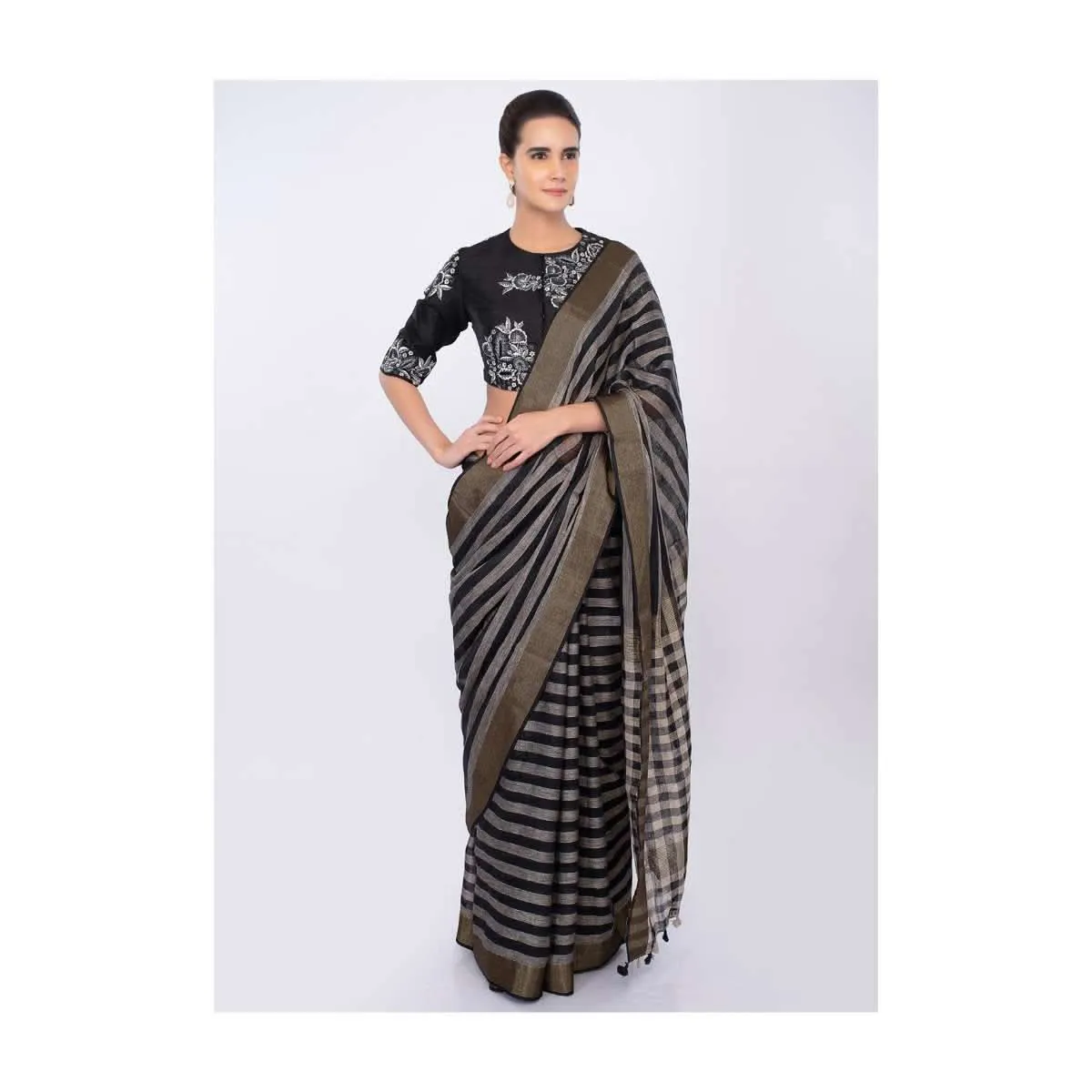 Black and white striped linen saree only on kalki