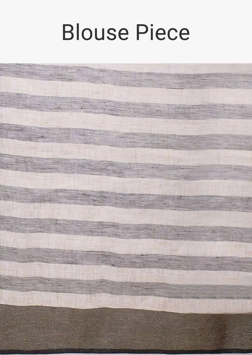 Black and white striped linen saree only on kalki