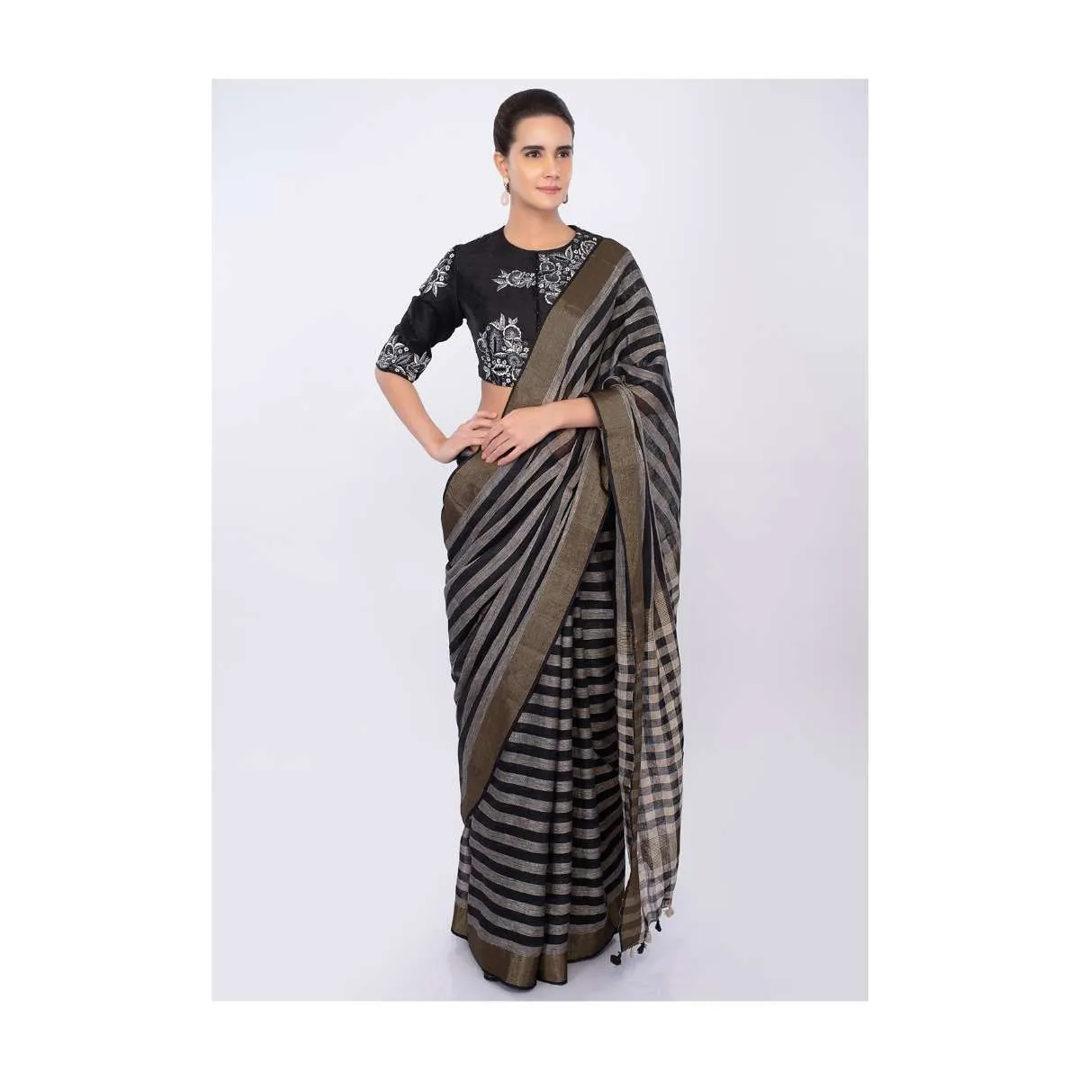 Black and white striped linen saree only on kalki