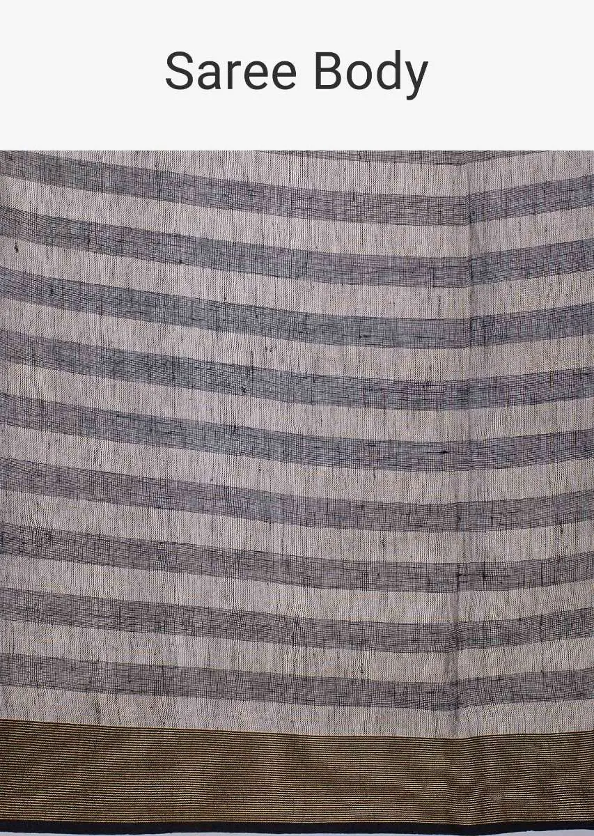 Black and white striped linen saree only on kalki