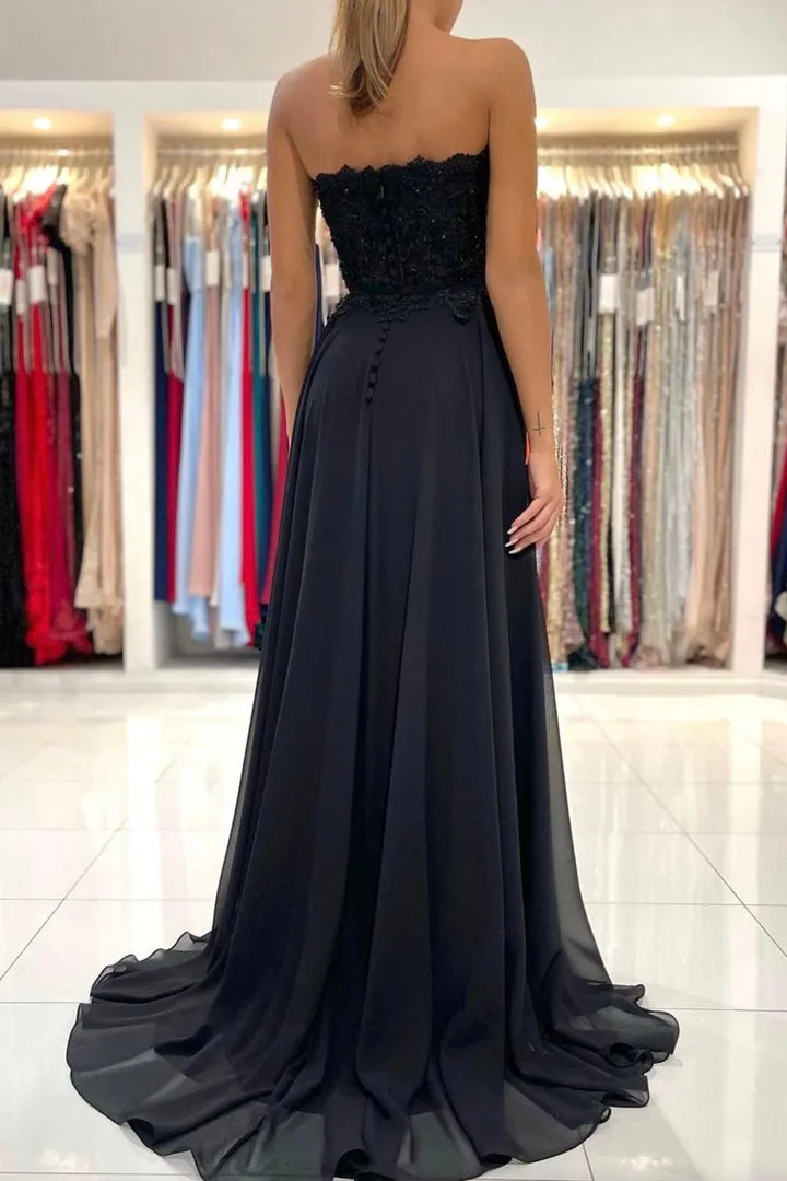 Black Chiffon Lace Long Prom Dresses A-Line Strapless Evening Dresses Sexy