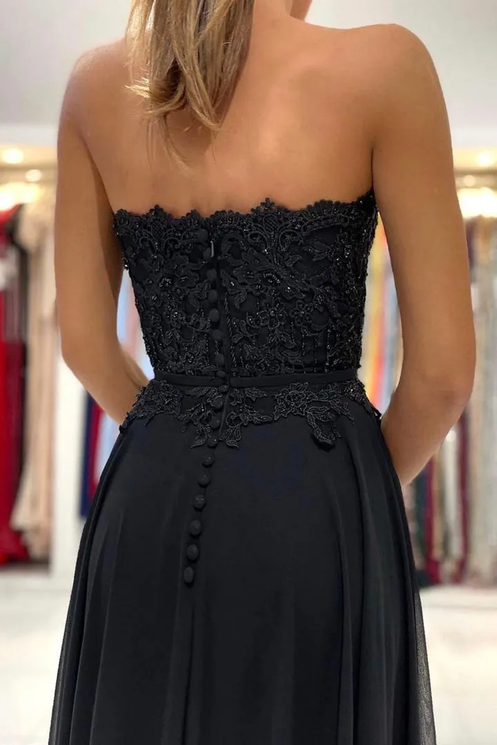 Black Chiffon Lace Long Prom Dresses A-Line Strapless Evening Dresses Sexy