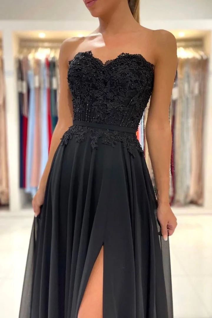 Black Chiffon Lace Long Prom Dresses A-Line Strapless Evening Dresses Sexy