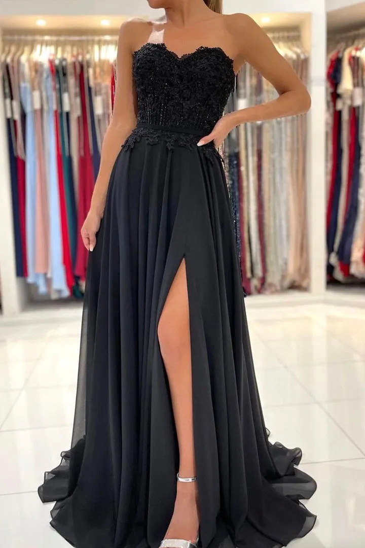 Black Chiffon Lace Long Prom Dresses A-Line Strapless Evening Dresses Sexy