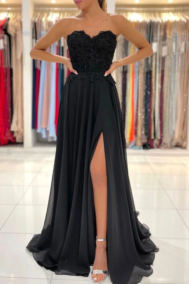 Black Chiffon Lace Long Prom Dresses A-Line Strapless Evening Dresses Sexy