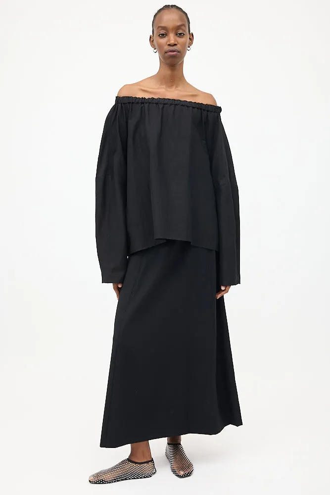 Black Stretch Linen Off Shoulder Blouse