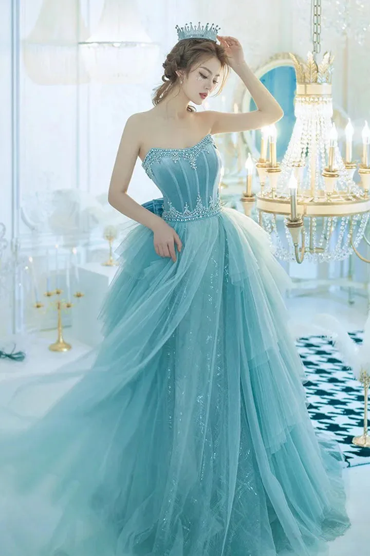 Blue Strapless Tulle Sequins Long Prom Dresses Princess Evening Dresses Off Shoulder