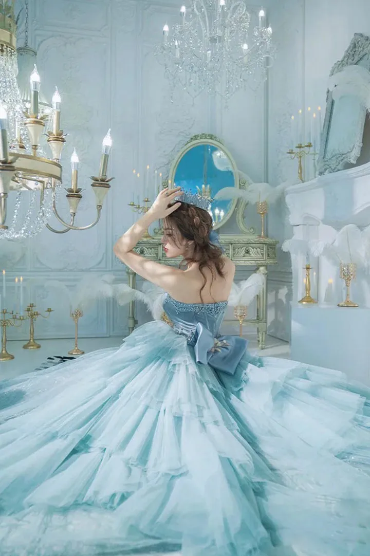 Blue Strapless Tulle Sequins Long Prom Dresses Princess Evening Dresses Off Shoulder