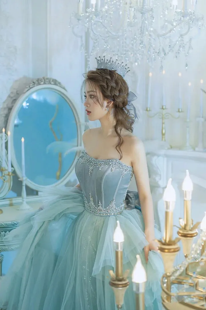 Blue Strapless Tulle Sequins Long Prom Dresses Princess Evening Dresses Off Shoulder