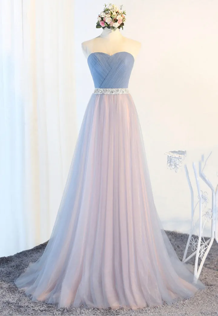 Blue Tulle Long Prom Dresses A-Line Strapless Evening Dresses Off Shoulder