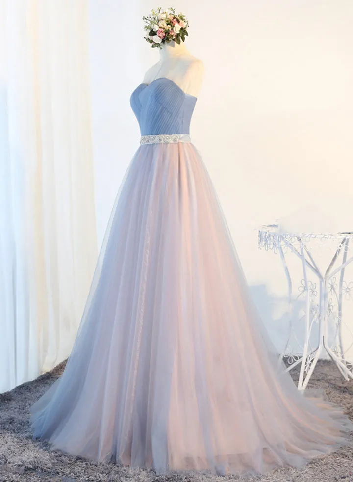 Blue Tulle Long Prom Dresses A-Line Strapless Evening Dresses Off Shoulder
